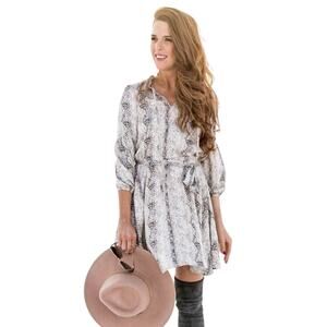 Gibson Womens Dress XS Grey Snake Print Blouson Ruffle Trim Keyhole Mini NWT